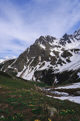 Fototapeta na wymiar Mountain landscape. Snowy mountain peaks, Caucasian mountains. National Park.
