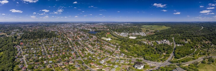 Panoramic drone picture of Darmstadt in Germany from University area