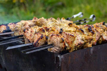 The meat is cooked on skewers in the summer