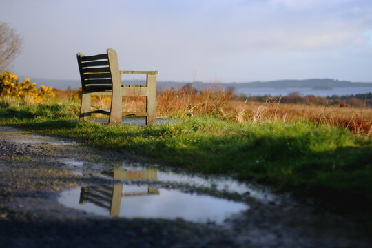 Selective focus of a bench overlooking the beautiful autumn scenery of Connemara Galway, Ireland and reflected in a rain puddle  