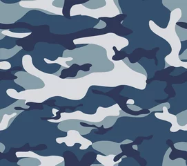 Behang Blauwe camouflage naadloze patroon militaire textuur vector achtergrond stijlvol ontwerp. © Sanvel