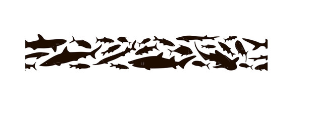 Seamless border. Black silhouettes of different fish on a white background. Set of fish silhouettes. Vector illustration Residents of the deep sea.