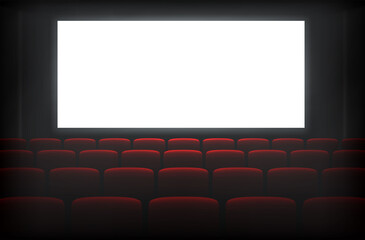 Cinema dark hall, auditorium with red seats, white empty screen realistic mock up, template.