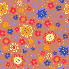 Seamless vector pattern with hand drawn flowers on pink background. Beautiful floral wallpaper design. Hippies fashion fabric style.