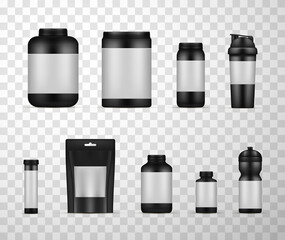 Sport food container assortment black realistic mockups set. Plastic jars, bottles, shaker, bag.
