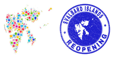 Celebrating Svalbard Islands map mosaic and reopening corroded stamp seal. Vector mosaic Svalbard Islands map is created from scattered stars, hearts, balloons.