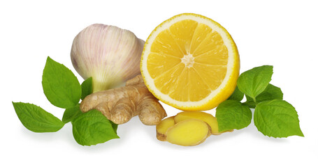 garlic,lemon,ginger isolated on white background