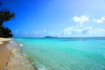 azure ocean. warm, clean, blue. white sand beach. paradise and relaxation.