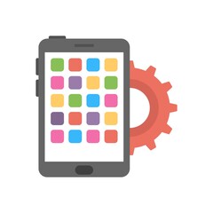Smartphone and gear icon illustration mobile app development. Flat icon design.