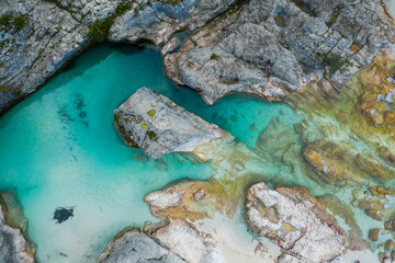 Aerial Vertical View Over The Surface Of A Mountain River Soca,Slovenia - 357011895