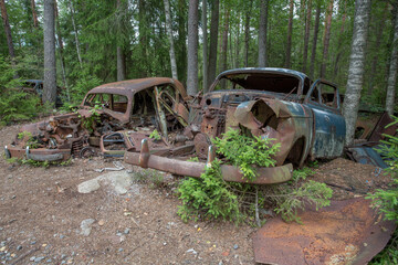 Old cars in Sscrapyard in forest in Ryd Sweden