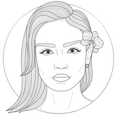 Girl with an orchid behind her ear.Coloring book antistress for children and adults. Illustration isolated on white background.Zen-tangle and doodle style. Black and white drawing