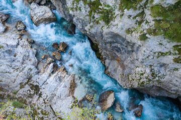 Aerial Vertical View Over The Surface Of A Mountain River Soca,Slovenia