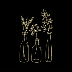 Cute doodle blade of grass in a bottle on a black background. Hand-drawn vector illustration.