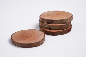 wooden stump or natural style wooden coaster isolated on white background