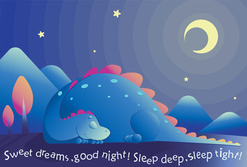 Vector illustration of cute sleeping dragon with moon and stars. Isolated objects.