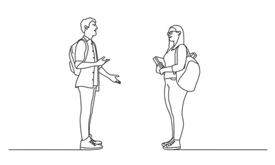 Students are talking. Line drawing vector illustration.