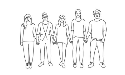 Students holding hands. Line drawing vector illustration.