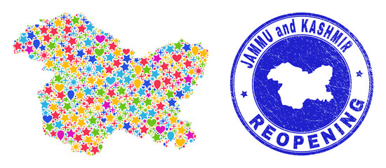 Celebrating Jammu and Kashmir State map collage and reopening grunge stamp. Vector collage Jammu and Kashmir State map is formed with randomized stars, hearts, balloons.