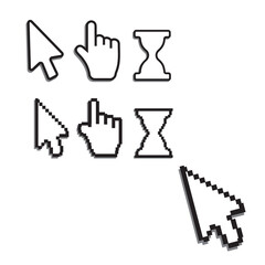Pixel cursors icons. Mouse computer cursor. Hand arrow web cursor vector