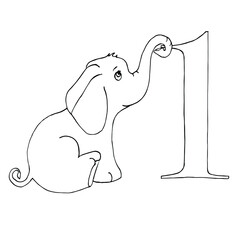 Coloring figures for children. Number one and baby elephant. Fun math