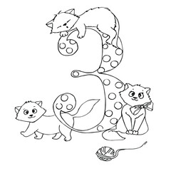 Coloring figures for children. Number three and three kittens. Fun math