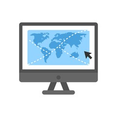 Computer screen with world map. GPS website, navigation program symbol.