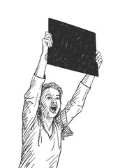 Woman with black square banner is screaming during protest. Vector sketch, Hand drawn illustration