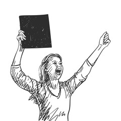 Woman with black square banner is screaming and showing fist during protest. Vector sketch, Hand drawn illustration