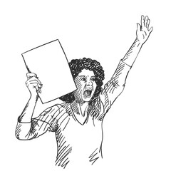 Protest. African american woman with empty sign board is screaming during protest. Vector sketch, Hand drawn illustration