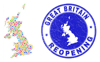 Celebrating United Kingdom map collage and reopening corroded stamp seal. Vector collage United Kingdom map is constructed with random stars, hearts, balloons.