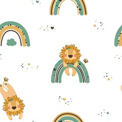 Seamless pattern with cute character lion and rainbow. Cute vector illustration for kids - lion. Ideal print for fabrics, textiles and gift wrapping Baby Shower
