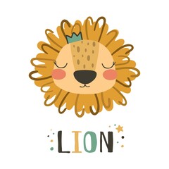 Cute lion. Use this clipart to create baby shower invites, nursery art, birthday decor, greeting cards, children's clothing. Vector illustration.