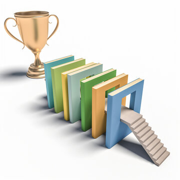 staircase leading to the crossing of large books from which a road leads to the golden cup.