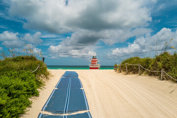 Miami beach is again open after quarantine and coronavirus. End of lockdown. Summer in the ocean.