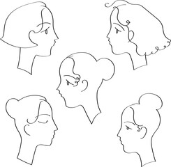Set of profile portrait. Young woman with different hairstyles