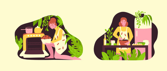 Vector illustration with cooking and baking girls in the kitchen. Modern cartoon scandinavian style. Colorful illustration set. For book pages, web sites, landings, banner.