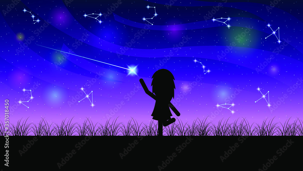 Wall mural Abstract Beauty Sky With Stars Constellations And Silhouette Girl Nature Background Vector