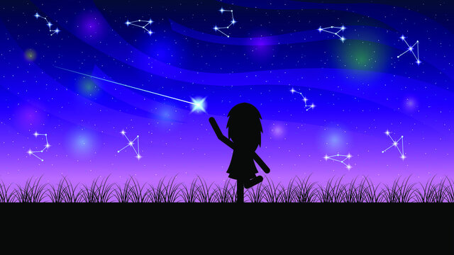 Abstract Beauty Sky With Stars Constellations And Silhouette Girl Nature Background Vector