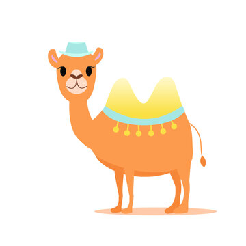 Cute camel in hat. Good for postcard.  Cartoon style. Vector isolated elements