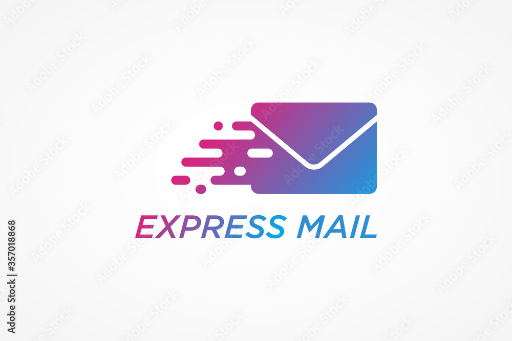Poster express delivery mail logo. purple and blue gradient shape with pixel dots isolated on white backgro