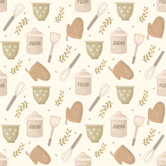 Vector seamless pattern with cooking utensils. Flour and sugar in beautiful jars with inscriptions. Shoulder, whisk, potholder, bowl. Cooking breakfast. Hand-drawn cute background in vintage style.