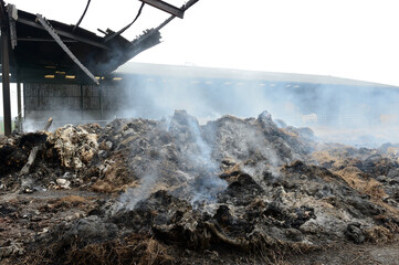 Fototapeta premium incendie, hangar, hangar agricole, feu, criminel, paille, stokage de paille, malveillance, fumee, brule, assurance