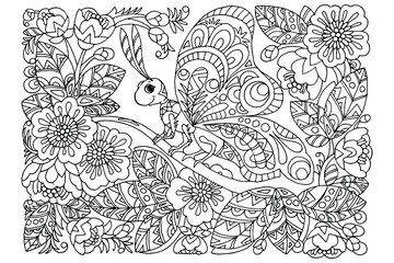 coloring book, butterfly, among the flowers of an apple tree, sakura, zentangle stylized image, black and white, vector illustration