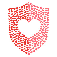 Red hearts in shield shape. Heart emblem copy space in the middle. Concept of care security, unbreakable love, life protect. Valentine's day, wedding. Shield love hearts vector illustration.