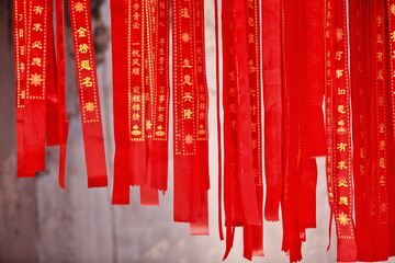 Red Buddhist prayer ribbons. Qianfo-Thousand Buddha Grottoes of MatiSi temple-Zhangye-Gansu-China-0932