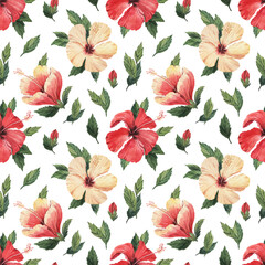 Pattern with beautiful watercolor tropical flowers and leaves. Tropics. Realistic tropical leaves. Tropical flowers. - 357021648