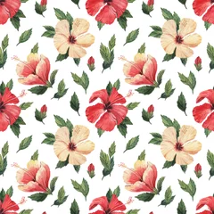 Tuinposter Pattern with beautiful watercolor tropical flowers and leaves. Tropics. Realistic tropical leaves. Tropical flowers. © asanova_nastya_art