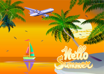 Vector banner Summer holidays and travel design, beach, ocean .