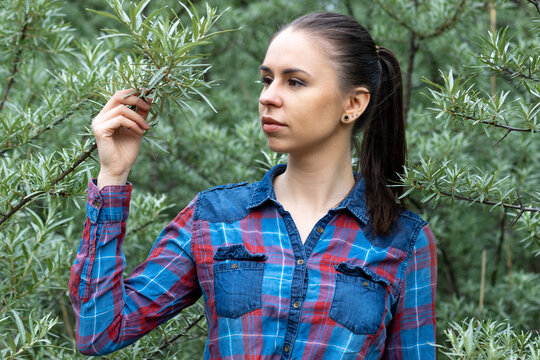 Young Woman Near Green Plants. To Study Biology And Environmental Impact On Tree Leaves.